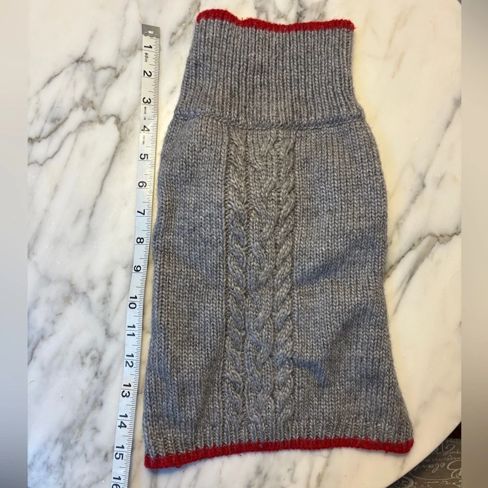 Cozy Gray Cable Knit Dog Sweater with Red Trim